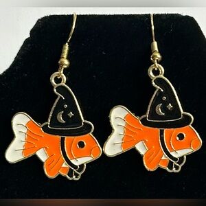 Handmade Orange Gold Fish Earrings with Black Magician Hat Brand New